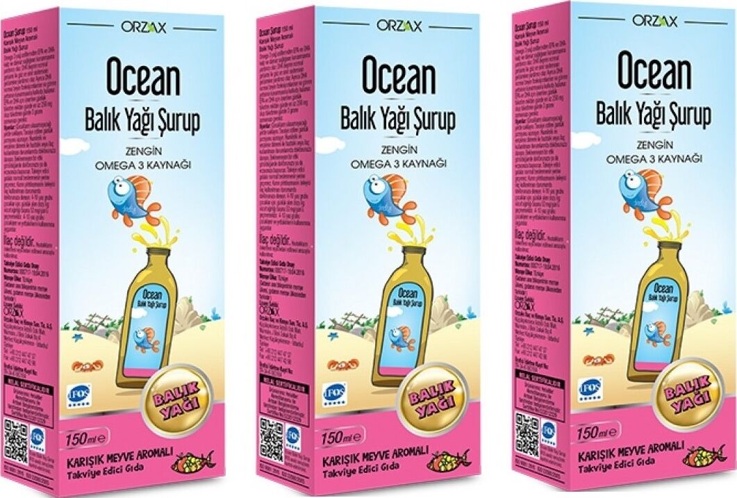 Orzax Ocean   Balık  Yağı Şurubu Karışık Meyve Aromalı Şurup 150 ml 3 Kutu