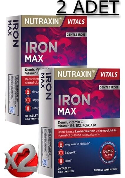 Nutraxin 2 Adet Iron Max 30 Adet Tablet - (Demir, Vitamin C, B6, Folik Asit, B12)