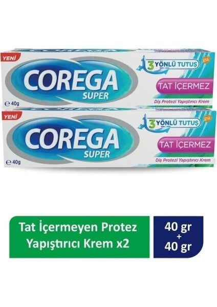 Corega Süper Tat Içermez Diş Protez Yapıştırıcı Krem 40 gr x 2 Adet