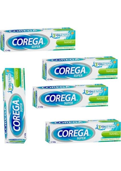 Corega Süper Diş Protezi Yapıştırıcı Naneli Krem 40 gr 5 Adet