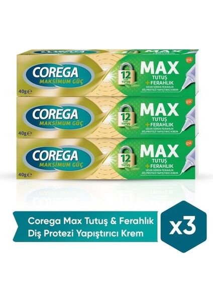 Corega Max Tutuş & Ferahlık Diş Protezi Yapıştırıcı Krem 40G x 3 Adet