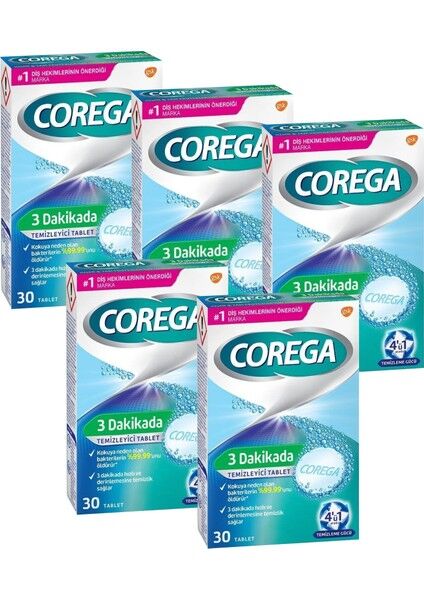 Corega 3 Dakikada Diş Protezi Temizleyici Tablet 30 Tablet (5 Adet)