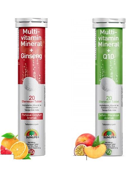 Sunlife Multivitamin & Mineral + Ginseng Efervesan 20 Tablet + Multivitamin Mineral Ve Koenzim Q10 20 Tablet